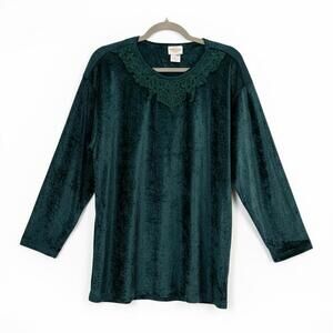 Vintage 90s Bentley Emerald Green Crushed Velvet Lace Top – Women’s Large